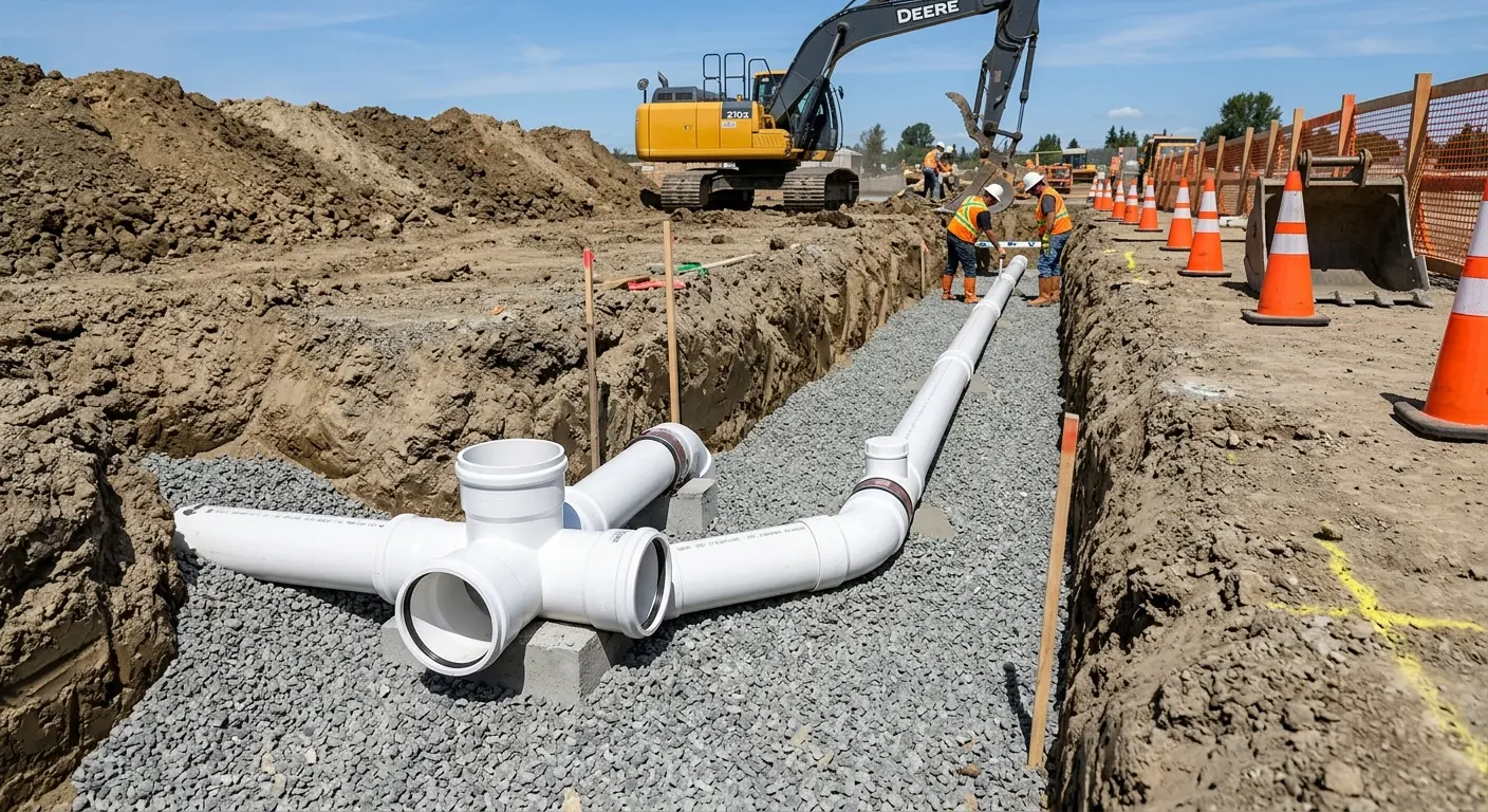 New PVC sewer pipe installation in open trench for Sewer Backup in Charlotte