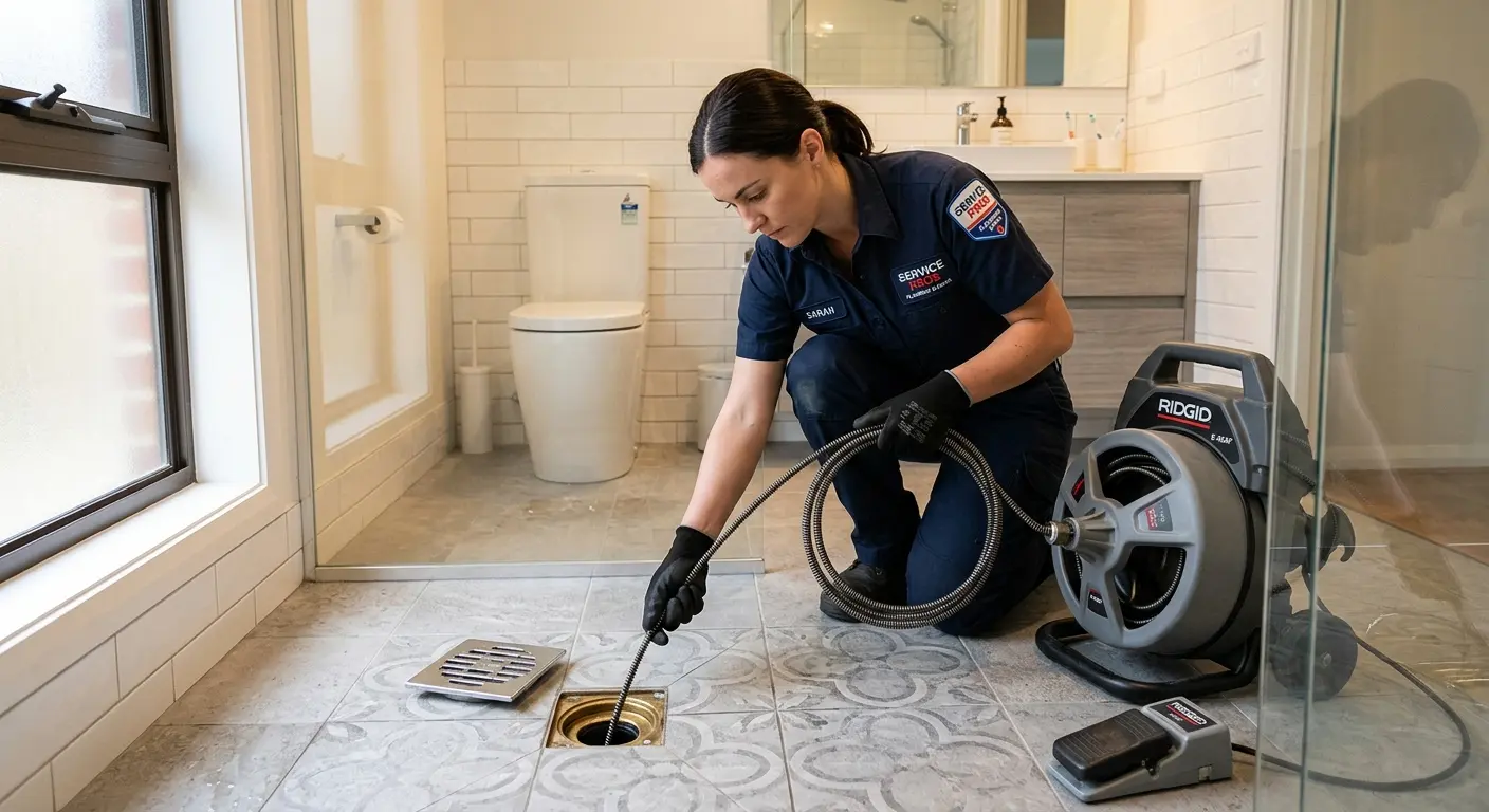 Technician clearing a bathroom floor drain for Drain Cleaning in Charlotte